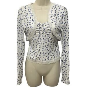 Sugar Moon 2 Piece Shrug & Tank Top Set Juniors L Blue Floral Lace